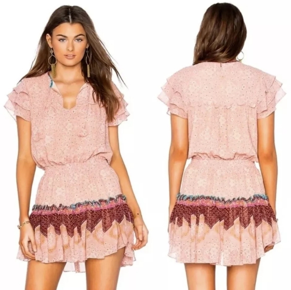 MISA Los Angeles Suri Tiered Skirt Floral Pattern Mini Dress In Peony Size XS